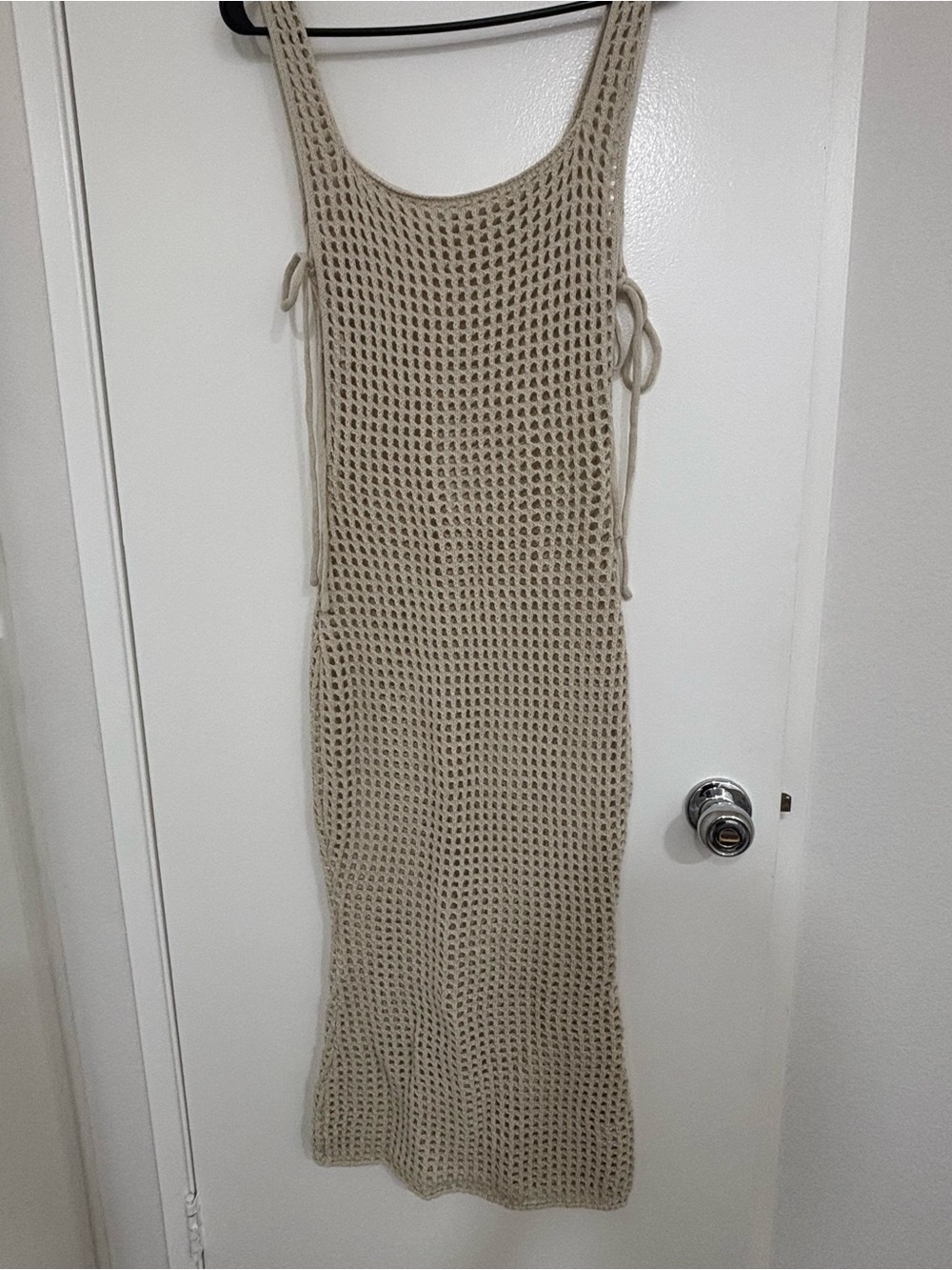 Sleeveless Beige Crochet Maxi Dress with Side Ties